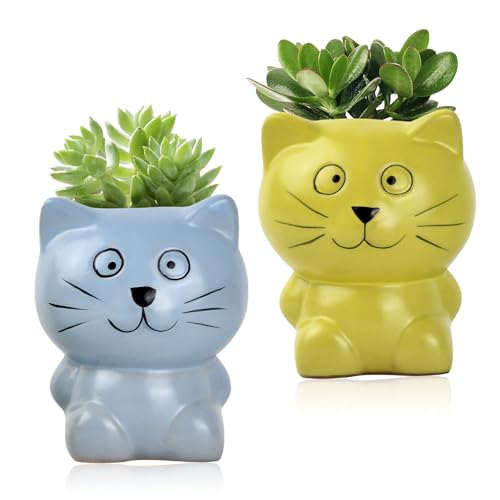 Culinavog Juego de 2 Maceta Pequeña, Maceta Gato Cerámica Mini, Maceta Cactus Kawaii, Macetas Suculentas Pequeñas, para Oficina y Decoración del Hogar, Estilo Caricatura, Amarillo y Azul