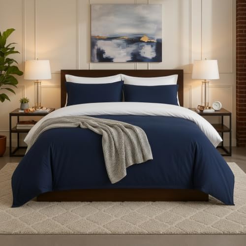 Image of Duvet Cover Single Size Bed (60x92 Inch) 1 Duvet Cover + 4 Pillow Covers with Zipper 600 TC Cotton Reversible Luxurious Quilt, Comforter, Rajai, Blanket Cover (White /Navy Blue)