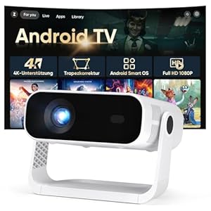 Smart Beamer Full HD 1080P, 25000 Lumens, Android 11，Integrierte Apps, 4D Trapezkorrektur，WiFi 6 & BT 5.2, Heimkino 4K Beamer Trapezkorrektur und elektrischen Fokus