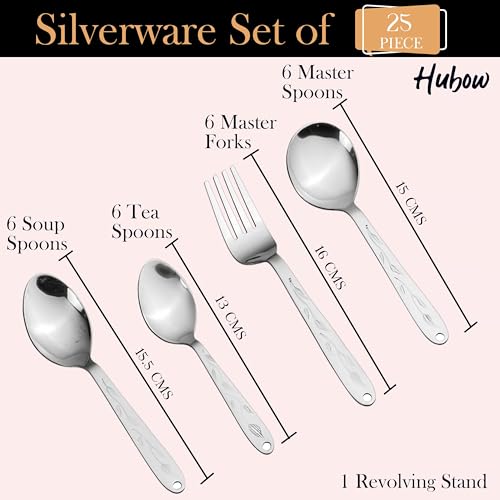 Hubow 25 Piece Wonder Cutlery Set with Stand for Kitchen & Dining Table | 6 Tea Spoon, 6 Master Spoon, 6 Master Fork, 6 Soup Spoon, 1 Stand | Mirrored Shiny Polished Stainless Steel Spoon.