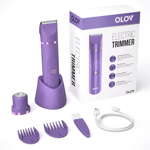 Image of OLOV Electric Body Hair Trimmer - Groin Trimmer for Men - Bikini Trimmer Women - Wet /Dry Shaver Groomer, Replaceable Ceramic Blade Heads, USB Recharge Dock, Waterproof Hygiene Razor, Bright Purple