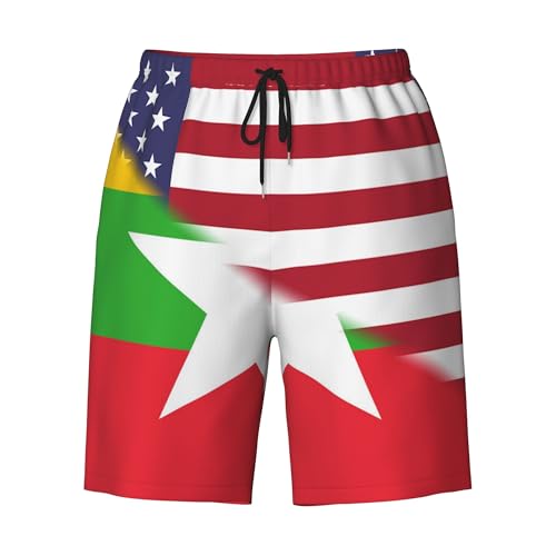American Flag and Myanmar Flag Mens Summer Seabeach Casual Shorts Seaside Surfing Swim Trunks Beach Pants