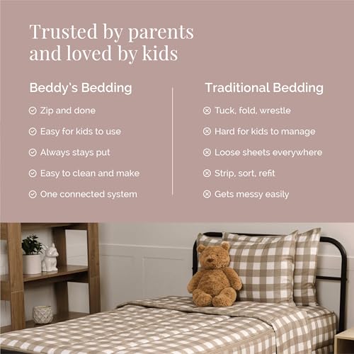 Image of Beddy's Warm Tan Checkered All-in-One Zipper Bedding Set for Kids - Toddler | Smooth-Glide Zippers, Easy To Make & Wash, Soft Durable Fabric, Checkered Interior, Includes Pillowcase & Sham