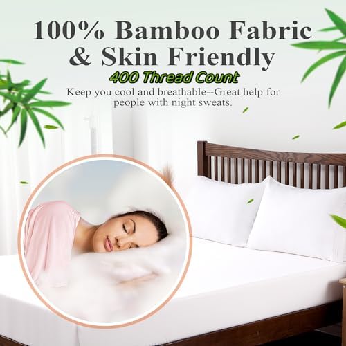 Bamboo Viscose Fitted Sheet Queen Size Only, 400 Thread Count, 8-16" Deep Pocket, Cooling Breathable Silky Smooth Soft Bottom Sheet for Hot Sleeper (White, Queen)