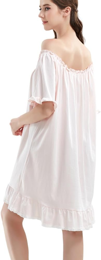 Women Cotton Nightdress Short Sleeve Vintage Nightgown Off the shoulder Loose Princess Dressing Gown - Image 4