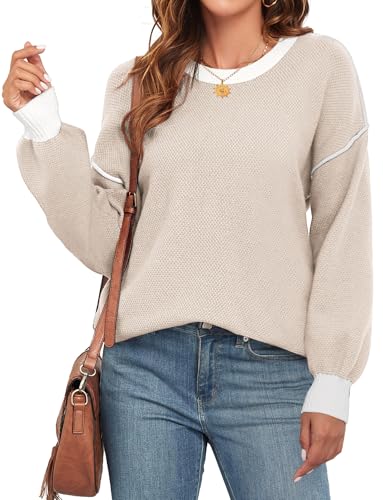 Image of WEACZZY Sweaters for Women 2025 Fall Crew Neck Long Sleeve Color Block Oversized Sweaters Ribbed Knit Side Slit Pullover Tops Apricot L