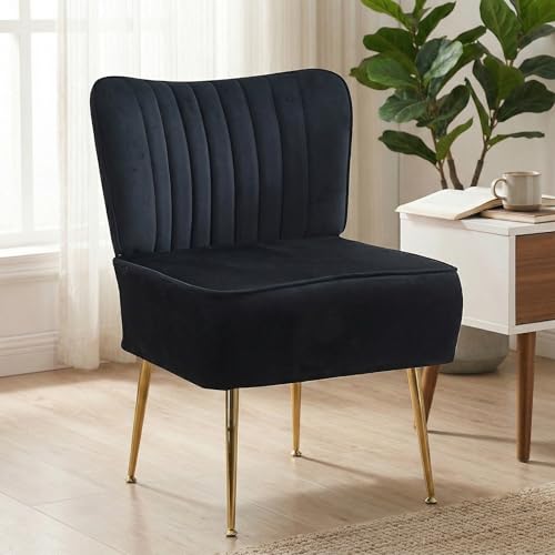 JYFN Modern Velvet Accent Chair Single 1 Pack Comfy Slipper Chair with Heavy Duty Iron Frame & Gold Legs Mid Century Side Sofa Chair for Living Room Bedroom VanityBlack