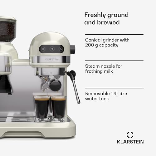 KLARSTEIN Bella Café Espresso Machine – 19-Bar, 1550W, Built-in Grinder, Milk Frother, 1.4L Water Tank, Thermo Block, 2-Cup Spout, Cream, Espresso Machine for Home` - Image 2
