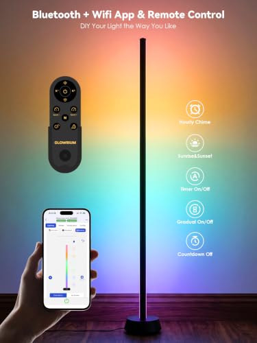 Image of GLOWRIUM Smart RGBY+IC Corner Floor Lamp Compatible with Alexa, APP and Remote | Color Changing Standing Lamp, Music Sync, 16 Million Colors, 63+ Scenes,2000-7500K, Floor Lamp for Living Room Bedroom Gaming