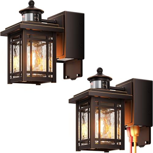 Image of Gleamz Outdoor Porch Light with Outlet, 2-Pack Front Door Motion Sensor Light, Aluminum Front Porch Lights, Oil Rubbed Bronze Gold Trim Waterproof Dusk to Dawn Outside Garage Lights for House, Balcony