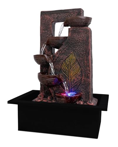 Image of UAG EXPORTS Polyresin Leaf-Design Tabletop Indoor Waterfall Fountain | Elegant LED Water Feature with Adjustable Flow Pump | Stylish Home & Office Decor Showpiece, White Color- Copper