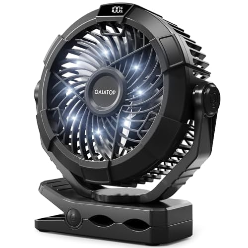 gaiatop Portable Camping Fan with LED Lights, 360°Rotation and Clip on for Desk, 4000mAh USB Rechargeable Battery Powered, Digital Display and Hanging Hook for Tent Outdoor Travel Bedroom Black