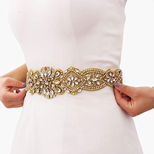 Yanstar Handmade Gold Rhinestone Crystal Wedding Bridal Belt Sash With Black Ribbon Sashes for Evening Party Prom Bridesmaid Dress