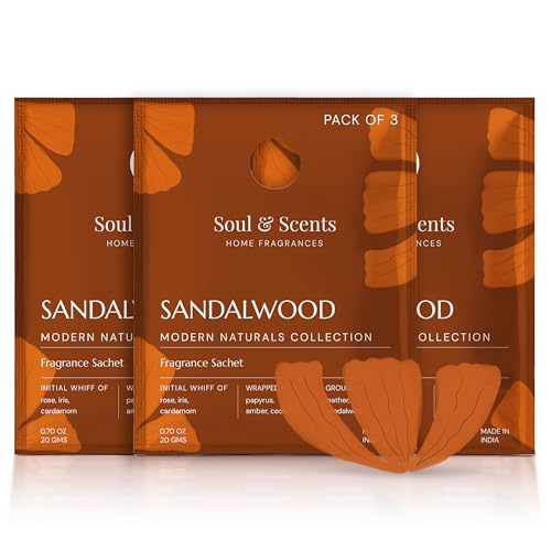 Image of Soul & Scents Sandalwood Fragrance Sachet | Allure of Rose and Charm of Amber | Long-Lasting Air Freshener for Car, Wardrobe, Kitchen, and Travel Bag | Pack of 3-20gm Each