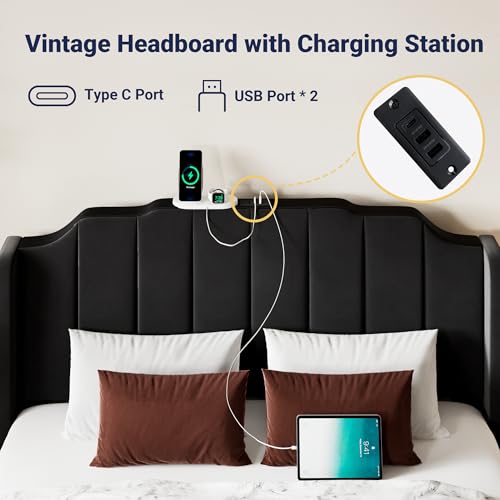 Allewie Vintage Queen Size Velvet Platform Bed Frame with Curved Vertical Tufted Wingback Headboard and Footboard, Charging Station, Easy Assembly, Under Bed Storage, No Box Spring Required, Black