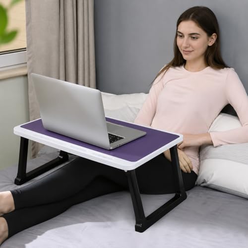 Image of Portable Laptop Table for Study & Writing | Foldable Bed Table with White Bidding Finish | Scratch Resistant Wooden Top | Heavy Duty Rust-Free Legs | Multipurpose Study Desk with Drawer (Purple)