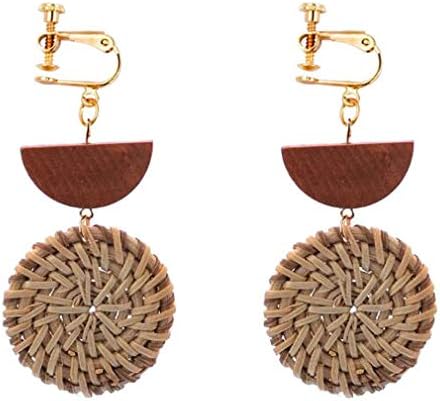 Round Rattan Clip on Earrings for Women Bohemian Handmade Straw Drop Dangle Wooden Jewelry