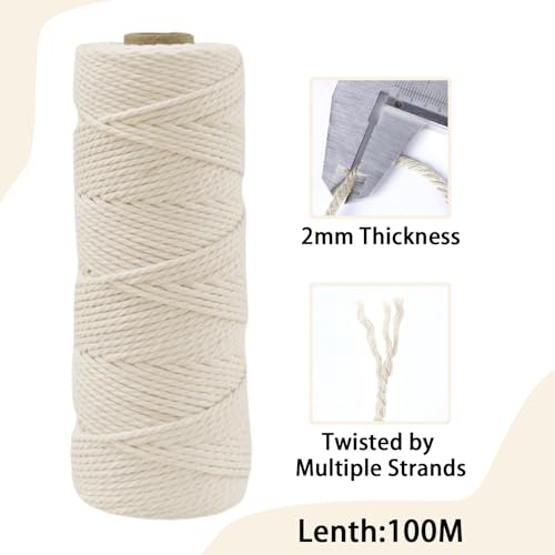 POPOYU 2mm Macrame Cord,100m Natural Cotton Macrame Rope,Off White Macrame Cotton Cord Twine Rope Craft String Without Chemicals for DIY Crafts,Macrame Art,Gift Wrapping,Christmas Wedding Decor - Image 2