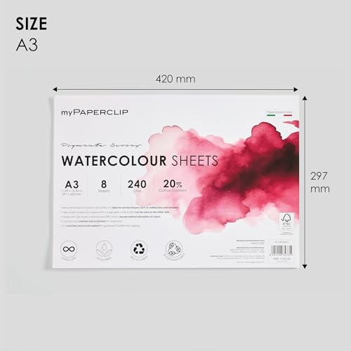 Image of myPAPERCLIP Pigmenta - A3 Watercolor Paper | 240 GSM, 8 Sheets, 20% Cotton | Cold-Pressed & Acid-Free | Suitable for Both Wet & Dry Painting