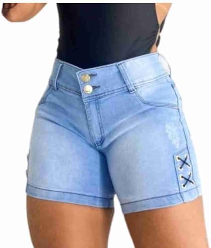 Shorts Jeans Feminino Cintura Alta Meia Coxa Lycra Detalhe em Ilh...