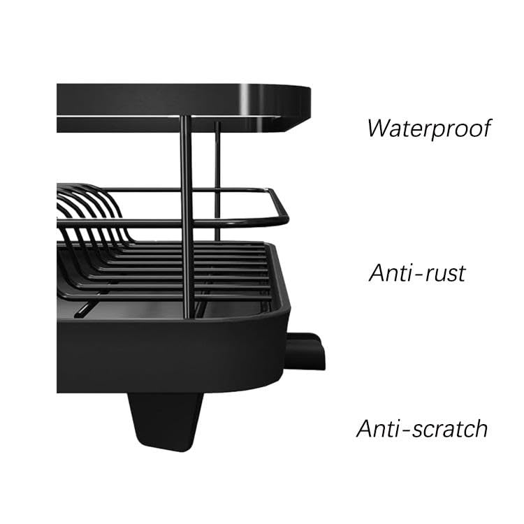 Image of ZROY Modern Black Dish Drying Rack with Draining Spout | Heavy-Duty Kitchen Countertop Dish Drainer with Utensil Holder (Black Rack)