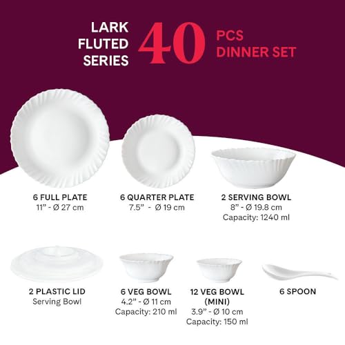 Image of Larah by BOROSIL Lark Fluted Series Opalware Dinner Set | 40 Pieces for Family of 6 | Microwave & Dishwasher Safe | Bone-Ash Free | Crockery Set for Dining & Gifting | Plates & Bowls | White