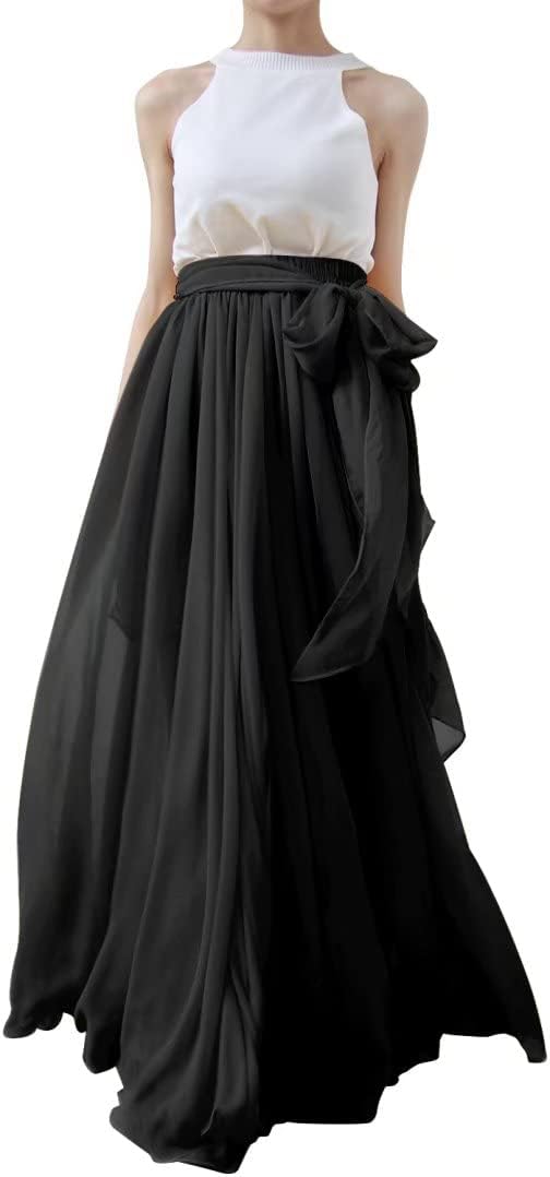 Summer Beach Chiffon Long High Waist Maxi Skirt with Belt for Wedding Black Size 3XL