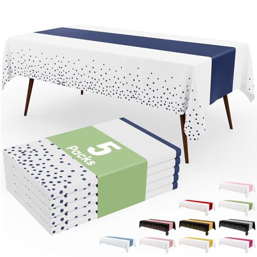 Image of Smiry Plastic Table Cloth Disposable 5 Pack, 54 x 108 Inch Rectangle Waterproof Tablecloth, Printed Gold Table Runner Style for Birthday Weeding, Party Decorations, Leakproof & Sturdy, White and Navy