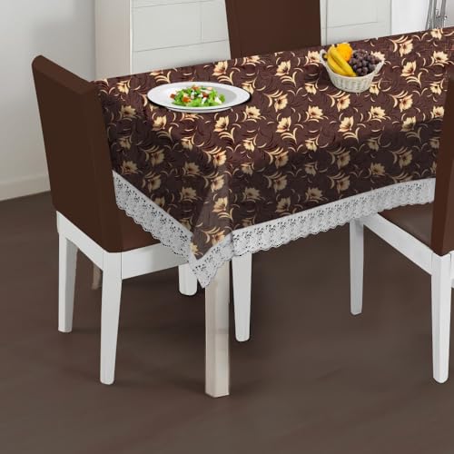 Image of The Furnishing Tree Waterproof PVC Rectangle Shaped 8 Seater Table Cover WxL 60x108 inches Floral Pattern Coffee Brown with White Border lace