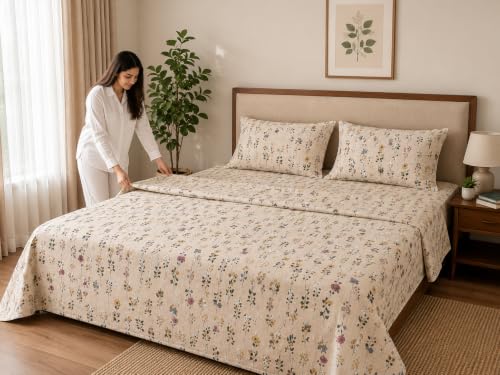 Image of 300 TC 100% Cotton King Size Bedsheet 108x108 Inch with Pillow Covers, Blue Mini Floral Print Bed Sheet, Soft, Breathable & Skin Friendly