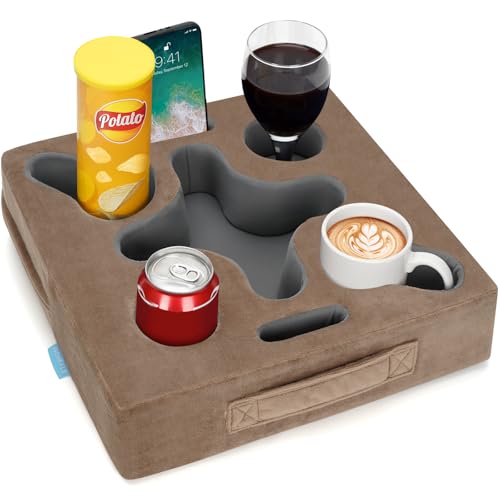 IGOHEALS Couch Cup Holder-Sofa Cup Holder Pillow Tray Caddy Cupholder Hearted for Bed, Rv, Tv, Car, Man Cave, Backseat for Remote, Drinks, Snacks (Square-Lightbrown)