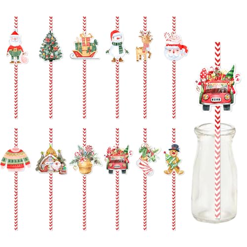 Bekecidi - Bekecidi Lot de 24 pailles décoratives en papier pour Noël, Père Noël, bonhomme de neige, bonhomme de pain d'épices, pailles à cocktail pour fête de Noël