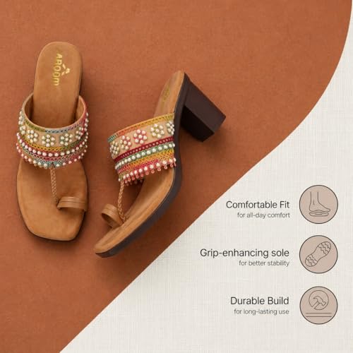 Image of AROOM Women's One Toe Block Heels Stability | Comfortable & Stylish Sandals for Women & Girls | Women Wedge Heels Thong Sandals| Comfort Orthopaedic Sandals | Doctor Heels Slippers | Arch Support & Stylish Block Heel Cushion | Lightweight Anti-Skid Sole | Ultra-Cushioned Shock Absorbing Footbed | Open Toe & Toe Separator Style | Peep-Toe | Mary Jane Women Daily Use Formal Wedges | Ladies Casual Wear Footwear | Kohlapuri Chappal Heels | Bridal, Wedding Sandals | Slip-on | Pump and Mule Sandals