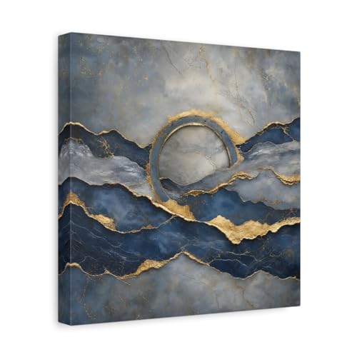 Tableau abstrait bleu et or haut de gamme avec châssis effet galerie 3cm