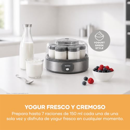 Miniatura 4 de Severin Yogurtera, incluye 7 tarros de yogur de 150 ml para 1 litro de yogur casero, tapa transparente, estilo griego, interruptor basculante, 18 W, acero inoxidable oscuro, JG 3510
