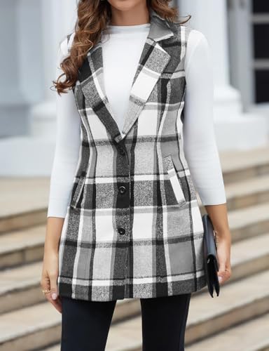 Mywinway Plaid Vest for Women Sleeveless Fall Winter Long Blazer Jackets Trendy Cardigan Outerwear Wool Coat3