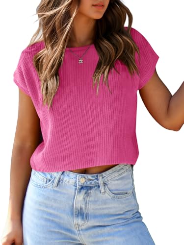 Image of Saodimallsu Womens Cap Sleeve Crop Tops Summer Trendy Going Out Crew Neck Loose Knit Cropped Sweater Vest Tank Top