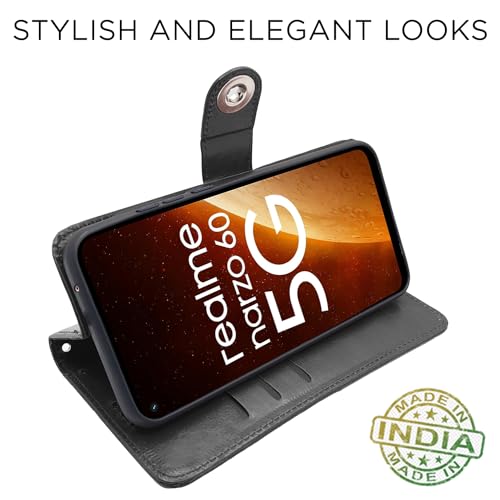 Image of Pikkme Realme Narzo 60 5G Flip Cover Leather Finish | Inside TPU with Card Pockets | Wallet Stand and Shock Proof | Complete Protection Button Flip Case (Black)