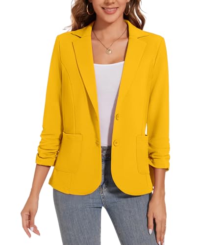 Women's Casual Button Front Blazer Jackets Ruched 3/4 Sleeve Lapel Office Work Lightweight Blazers with Pockets