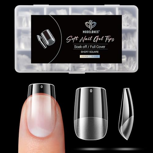 Image of Modelones Short Square Nail Tips - 510Pcs Gel Fake Nail Tips Pre-shaped Half Matte Full Cover Clear Acrylic Gel Kit False Press on Nails for Extension DIY Salon 15Sizes