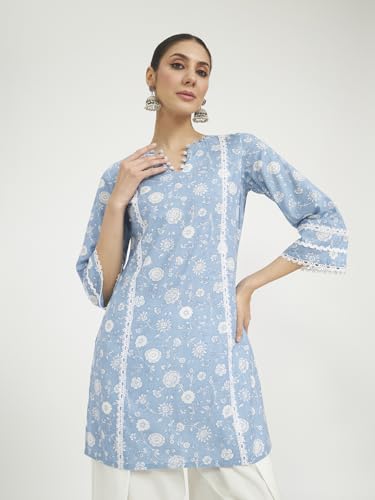 Image of FIORRA Women Sky Blue Floral Printed Lace Work Pure Cotton Straight Kurta with Farshi Salwar