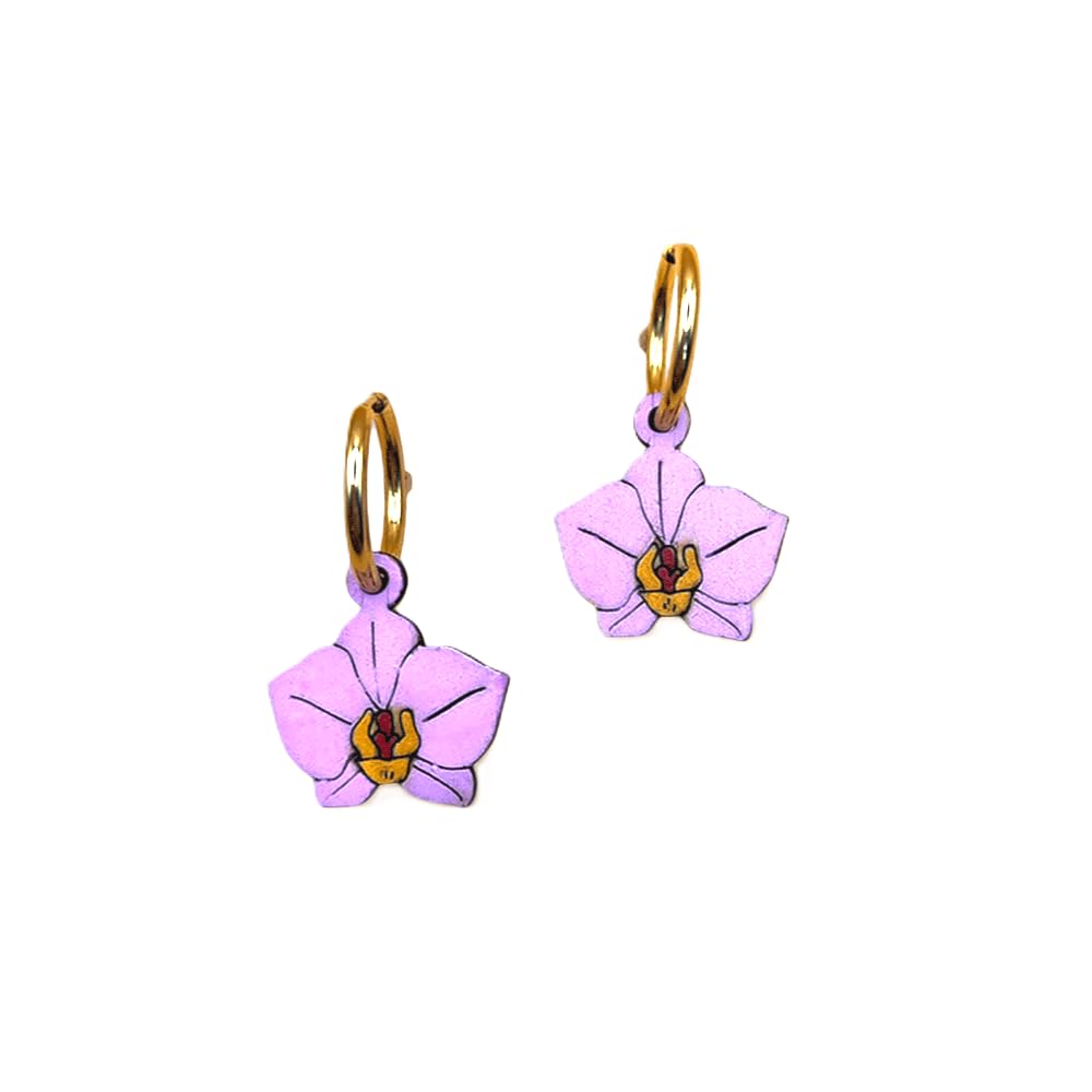 Sastree Pendientes Orquídea Originales Mujer | Edición Limitada Solo 365 Unidades | Madera Sostenible Pintados a Mano | Detalle Exclusivo Amantes Flores y Naturaleza (Acero Inox Plata)