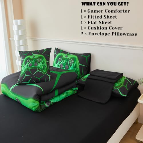 Image of ZRNBAST Twin Size Bedding Set for Boys, 6 Pieces Green Gamer Comforter Set
