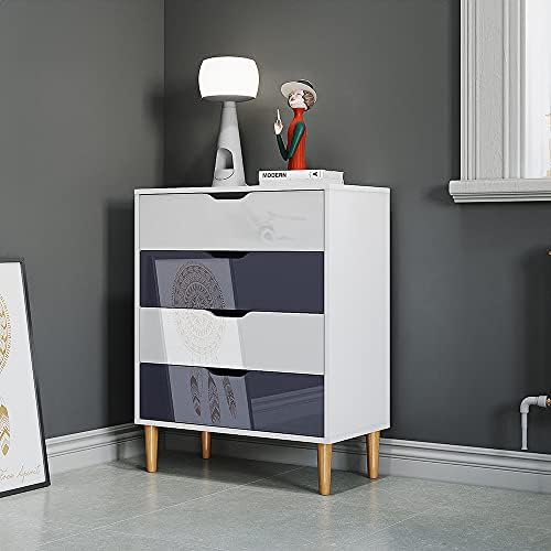 Panana Chest of Drawers, High Gloss Fronts Wood 4 Drawers Cabinet Storage Organiser Unit with Wooden Legs for Living Room Bedroom Hallway White and Grey