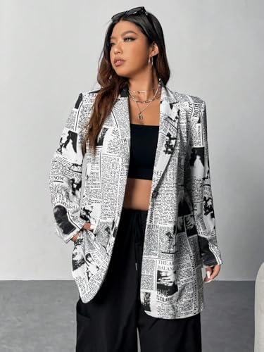WDIRARA Women's Plus Size Newspaper Print Blazer Lapel Button Padded Shoulder Funky Blazer Jacket Outerwear4