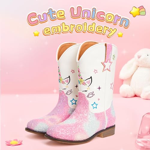 Julyrose Girls Cowgirl Boots Toddler Western Cowboy Boots - Glitter Square Toe Mid Calf Riding Shoes for Little Kids, Big Kids4