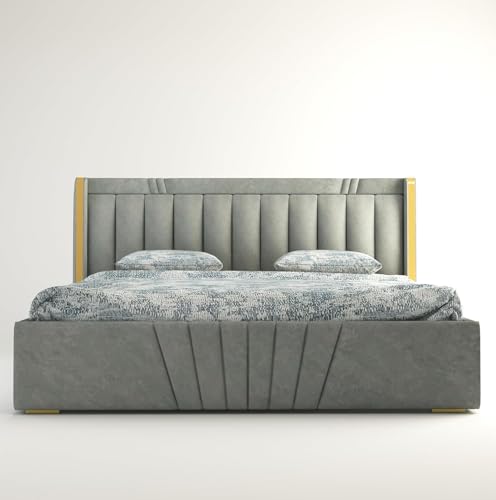 Image of Premium King Size Upholstered Bed with Storage | Solid Wood Platform Bed with Premium Cushion Headboard for Modern Bedrooms | Durable Frame, Easy Maintenance & Stylish Design | Grey