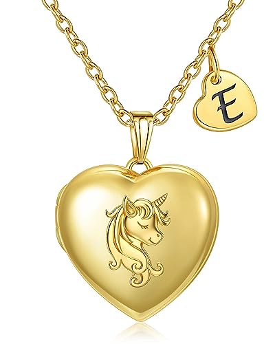 YOUFENG Heart Letter Unicorn Locket Necklace Initial Locket that Holds Pictures 18K Gold Plated Locket Birthday Gifts