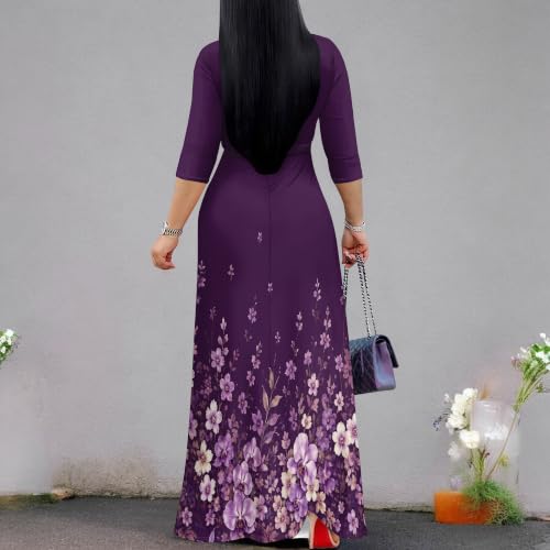 Image of Plus Size Maxi Dress for Women V Neck 3 /4 Sleeve Wrap Dress Plum XL | Plum Floral Women's Maxi Dress for Mother's Day Wedding Women's Day