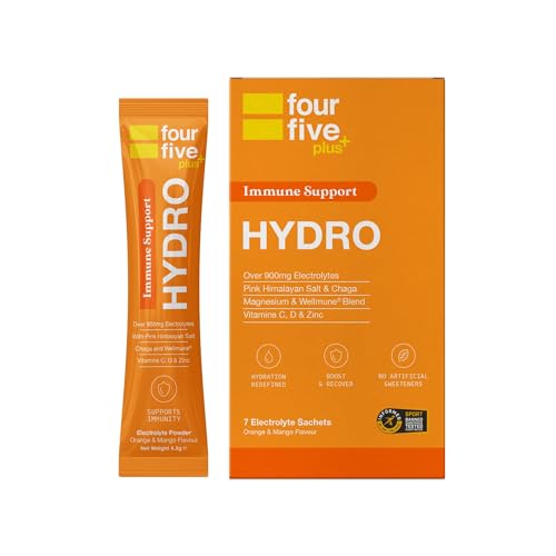 fourfive Hydration Sachets (Immune Support) - Hydro Electrolytes Powder with Vitamins, Wellmune® & Chaga Mushroom, Immunity for Defence - Orange & Mango, 7 Sachets